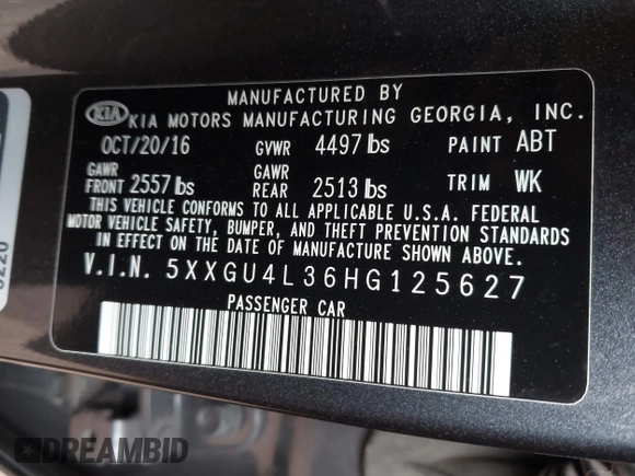 2017 Kia Optima EX with VIN 5XXGU4L36HG125627, listed as a IAAI auction lot 41949580 with 123,548 mi miles. Bid and sale history available at carsss.com. Image 9.