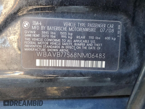 2008 BMW 3 Series 335i z VIN WBAVB77568NM06483, wystawiony jako Copart lot #49850085 z przebiegiem Nie podano mil oraz Szkoda całkowita • Salvage title. Historia ofert i sprzedaży dostępna na DreamBid. Obrazek 14.