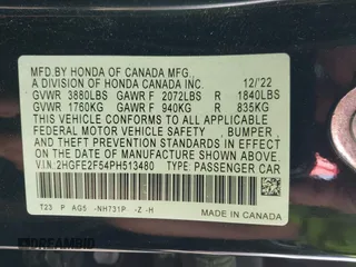 2023 Honda Civic Sedan Sport with VIN 2HGFE2F54PH513480, listed as a IAAI auction lot 41670655 with 20,631 mi miles. Bid and sale history available at carsss.com. Image 9.