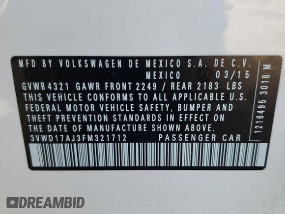 2015 Volkswagen Jetta SE с VIN 3VWD17AJ3FM321712, выставлен на аукционе Copart как лот 60566405 с пробегом 90 386 миль миль и Списание • Salvage title. История ставок и продаж доступна на DreamBid. Изображение 13.