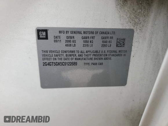 2012 Buick Regal with VIN 2G4GT5GK5C9122689, listed as a Copart auction lot 72398424 with 203,565 mi miles and Clean Title. Bid and sale history available at DreamBid. Image 12.
