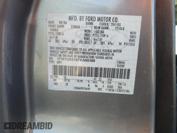 2007 Ford Escape XLT with VIN 1FMYU03197KA99388, listed as a Copart auction lot 46999525 with 192,220 mi miles and Salvage Title. Bid and sale history available at carsss.com. Image 13.
