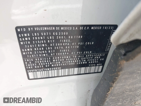 2024 Volkswagen Tiguan S with VIN 3VVFB7AX7RM030830, listed as a IAAI auction lot 42279861 with 42,714 mi miles and . Bid and sale history available at DreamBid. Image 9.