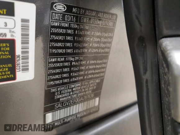 2016 Land Rover Range Rover Autobiography with VIN SALGV2EF0GA287636, listed as a Copart auction lot 51229324 with 108,905 mi miles and Non Repairable. Bid and sale history available at DreamBid. Image 13.