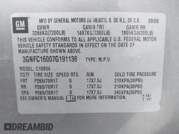 2007 Chevrolet Suburban LT с VIN 3GNFC16007G191138, выставлен на аукционе IAAI как лот 41425886 с пробегом 150 250 миль миль и . История ставок и продаж доступна на DreamBid. Изображение 9.