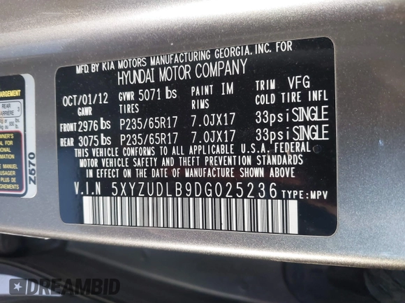 2013 Hyundai Santa Fe Sport with VIN 5XYZUDLB9DG025236, listed as a IAAI auction lot 41422852 with 129,893 mi miles. Bid and sale history available at carsss.com. Image 9.