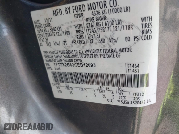 2012 Ford F-250 XL with VIN 1FT7X2B63CEB12693, listed as a IAAI auction lot 42362466 with 224,180 mi miles and . Bid and sale history available at DreamBid. Image 9.