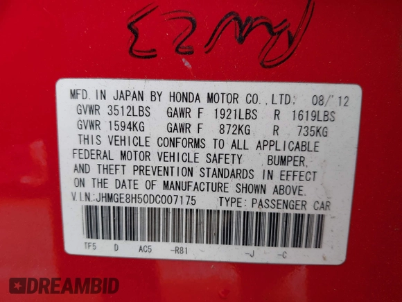 2013 Honda Fit Sport с VIN JHMGE8H50DC007175, выставлен на аукционе IAAI как лот 42474888 с пробегом 89 908 миль миль и . История ставок и продаж доступна на DreamBid. Изображение 9.