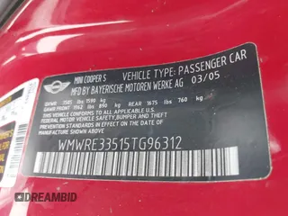 2005 MINI Hardtop S with VIN WMWRE33515TG96312, listed as a IAAI auction lot 42397054 with 176,049 mi miles and . Bid and sale history available at DreamBid. Image 9.