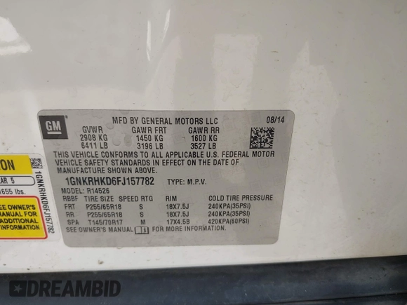 2015 Chevrolet Traverse LT с VIN 1GNKRHKD6FJ157782, выставлен на аукционе IAAI как лот 42571165 с пробегом 149 101 миль миль и . История ставок и продаж доступна на DreamBid. Изображение 9.