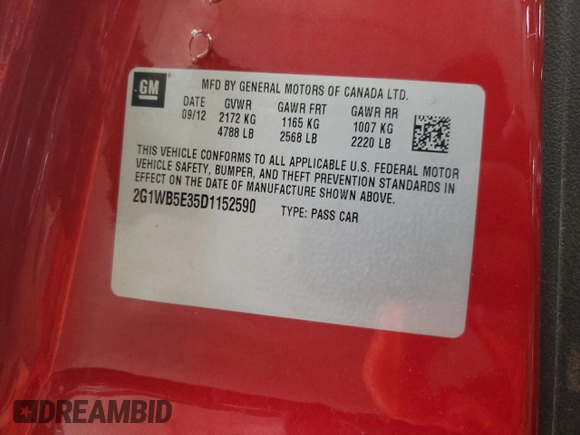 2013 Chevrolet Impala LT with VIN 2G1WB5E35D1152590, listed as a Copart auction lot 52171305 with 96,781 mi miles and Salvage Title. Bid and sale history available at DreamBid. Image 14.
