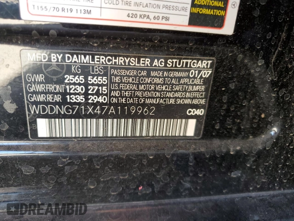 2007 Mercedes-Benz S 550 with VIN WDDNG71X47A119962, listed as a Copart auction lot 54789845 with 202,653 mi miles and Clean Title. Bid and sale history available at DreamBid. Image 12.