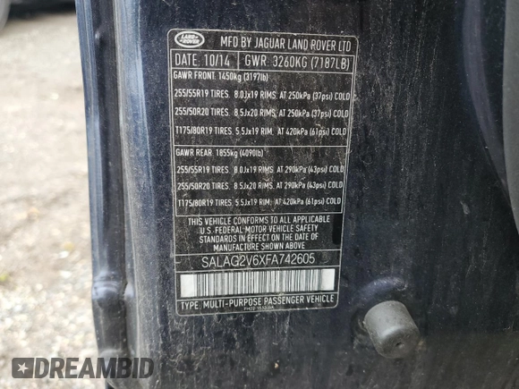 2015 Land Rover LR4 HSE with VIN SALAG2V6XFA742605, listed as a Copart auction lot 60933265 with Not provided miles and Salvage title. Bid and sale history available at DreamBid. Image 13.