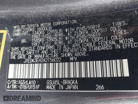 2010 Toyota Highlander Limited with VIN JTEDK3EH2A2156022, listed as a IAAI auction lot 41683741 with 165,099 mi miles and . Bid and sale history available at DreamBid. Image 9.