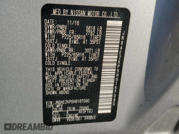 2017 Nissan Quest SV z VIN JN8AE2KP5H9167090, wystawiony jako Copart lot #47270235 z przebiegiem 124 357 mil mil oraz Szkoda całkowita • Salvage title. Historia ofert i sprzedaży dostępna na DreamBid. Obrazek 15.