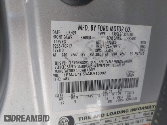 2010 Ford Expedition SSV with VIN 1FMJU1F53AEA15092, listed as a IAAI auction lot 42267927 with 228,845 mi miles and . Bid and sale history available at DreamBid. Image 9.