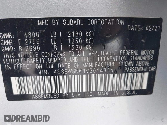 2021 Subaru Legacy Limited XT with VIN 4S3BWGN61M3014815, listed as a IAAI auction lot 41083002 with 85,481 mi miles and . Bid and sale history available at DreamBid. Image 9.