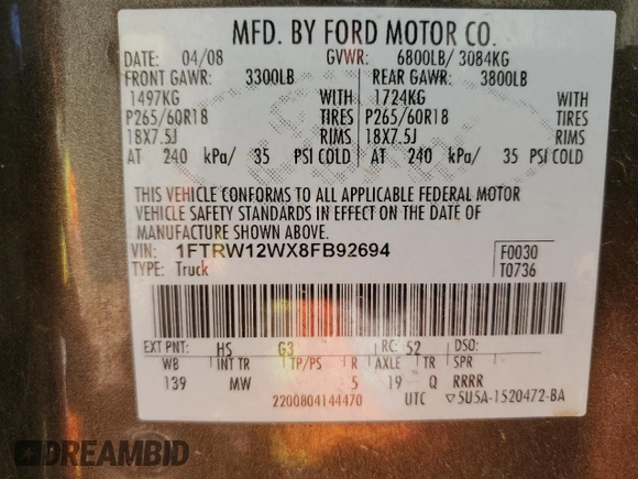 2008 Ford F-150 XL z VIN 1FTRW12WX8FB92694, wystawiony jako Copart lot #53891125 z przebiegiem 152 961 mil mil oraz Czysty tytuł • Clean title. Historia ofert i sprzedaży dostępna na DreamBid. Obrazek 12.
