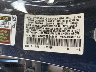 2008 Honda Civic LX with VIN 1HGFA16538L049415, listed as a IAAI auction lot 42127545 with 165,833 mi miles and . Bid and sale history available at DreamBid. Image 9.