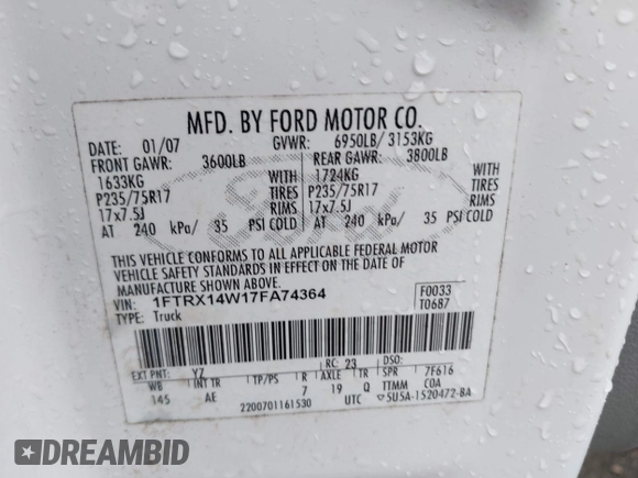 2007 Ford F-150 STX with VIN 1FTRX14W17FA74364, listed as a IAAI auction lot 42427039 with 57,246 mi miles and . Bid and sale history available at DreamBid. Image 9.