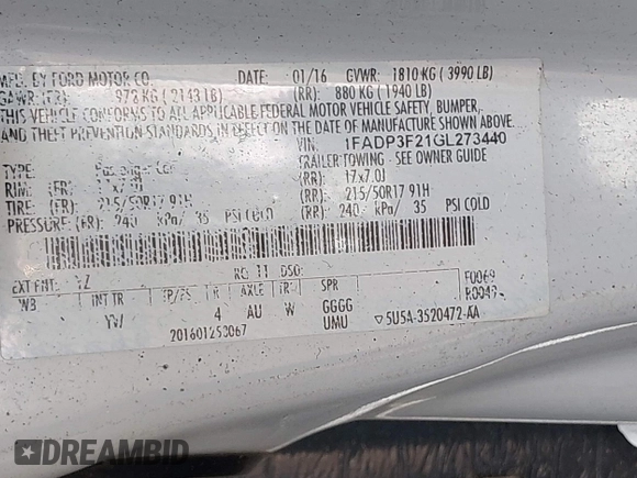 2016 Ford Focus SE with VIN 1FADP3F21GL273440, listed as a IAAI auction lot 42097390 with 131,781 mi miles and . Bid and sale history available at DreamBid. Image 9.