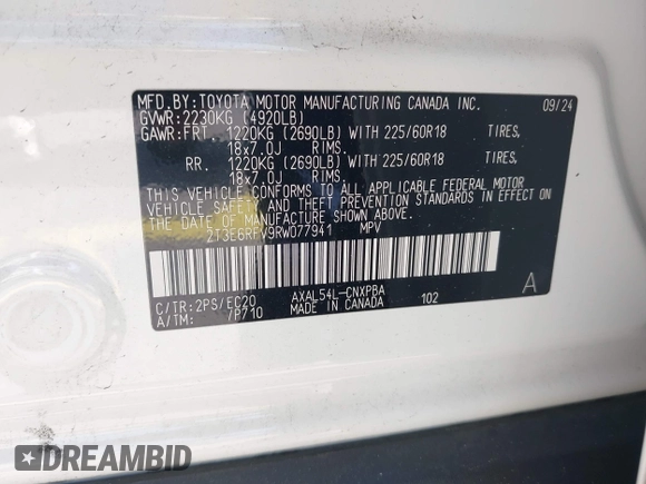 2024 Toyota RAV4 Hybrid XSE with VIN 2T3E6RFV9RW077941, listed as a IAAI auction lot 42012134 with 31,009 mi miles and . Bid and sale history available at DreamBid. Image 9.