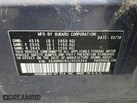 2018 Subaru Legacy Premium with VIN 4S3BNAC63J3035244, listed as a Copart auction lot 63768735 with 103,570 mi miles and Salvage title. Bid and sale history available at DreamBid. Image 13.