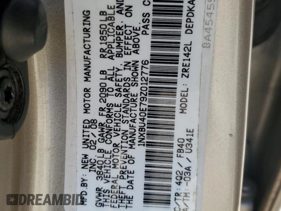 2009 Toyota Corolla with VIN 1NXBU40E79Z012776, listed as a Copart auction lot 83183994 with 191,051 mi miles and Salvage Title. Bid and sale history available at carsss.com. Image 12.