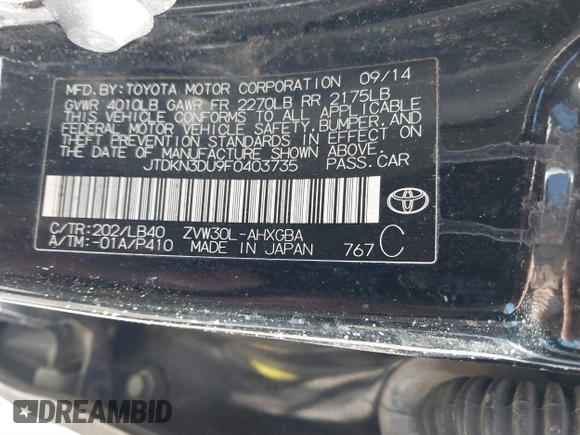 2015 Toyota Prius Four with VIN JTDKN3DU9F0403735, listed as a IAAI auction lot 41477562 with 113,934 mi miles. Bid and sale history available at carsss.com. Image 9.