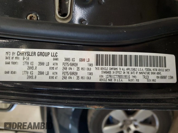 2011 Ram 1500 Big Horn with VIN 1D7RV1CT7BS519516, listed as a Copart auction lot 56373795 with 201,126 mi miles and Salvage title. Bid and sale history available at DreamBid. Image 12.