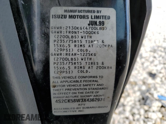 1999 Isuzu Rodeo S with VIN 4S2CK58W3X4362974, listed as a Copart auction lot 43155155 with 396,448 mi miles and Salvage Title. Bid and sale history available at DreamBid. Image 15.