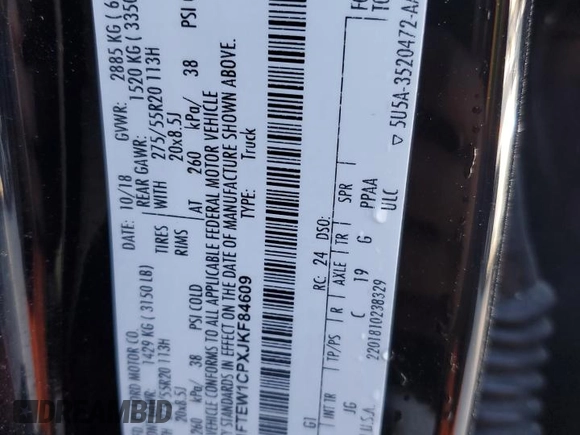 2018 Ford F-150 XL with VIN 1FTEW1CPXJKF84609, listed as a Copart auction lot 50490395 with 107,725 mi miles and Salvage Title. Bid and sale history available at DreamBid. Image 12.