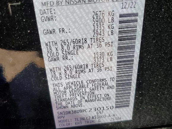 2023 Nissan Pathfinder SV z VIN 5N1DR3BD9PC230150, wystawiony jako Copart lot #48236025 z przebiegiem 25 498 mil mil oraz Szkoda całkowita • Salvage title. Historia ofert i sprzedaży dostępna na DreamBid. Obrazek 13.