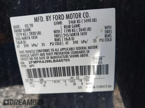 2020 Ford Edge SEL с VIN 2FMPK4J98LBA60703, выставлен на аукционе IAAI как лот 42109267 с пробегом 90 981 миль миль и . История ставок и продаж доступна на DreamBid. Изображение 9.