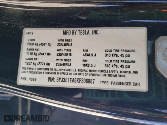2019 Tesla Model 3 Mid Range z VIN 5YJ3E1EA6KF306887, wystawiony jako Copart lot #52401625 z przebiegiem 105 948 mil mil oraz Szkody całkowita. Historia ofert i sprzedaży dostępna na DreamBid. Obrazek 13.