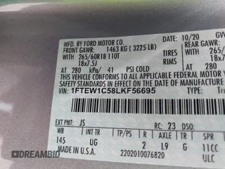 2020 Ford F-150 XL with VIN 1FTEW1C58LKF56695, listed as a IAAI auction lot 42205390 with 71,057 mi miles and . Bid and sale history available at DreamBid. Image 9.
