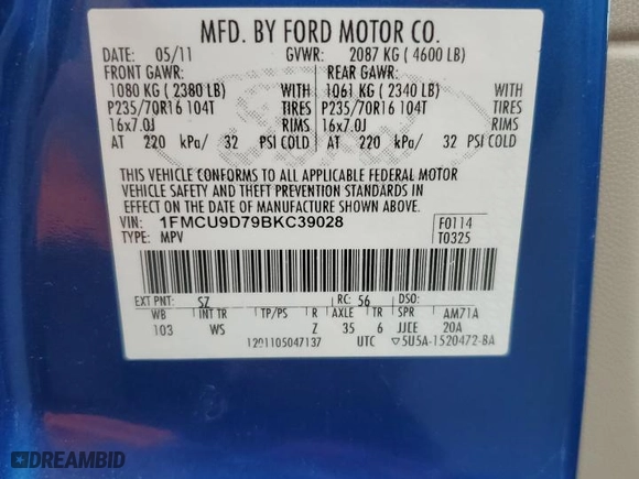 2011 Ford Escape XLT with VIN 1FMCU9D79BKC39028, listed as a Copart auction lot 50800755 with 51,722 mi miles and Salvage Title. Bid and sale history available at carsss.com. Image 12.