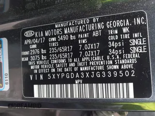 2018 Kia Sorento LX with VIN 5XYPGDA3XJG339502, listed as a IAAI auction lot 41724461 with 58,849 mi miles. Bid and sale history available at carsss.com. Image 9.