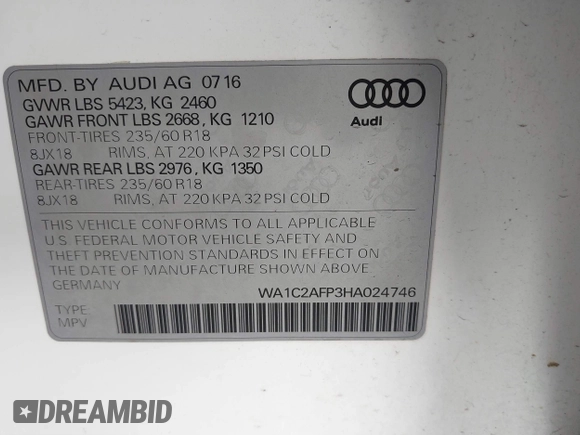 2017 Audi Q5 Premium with VIN WA1C2AFP3HA024746, listed as a IAAI auction lot 41063170 with 96,815 mi miles. Bid and sale history available at carsss.com. Image 9.