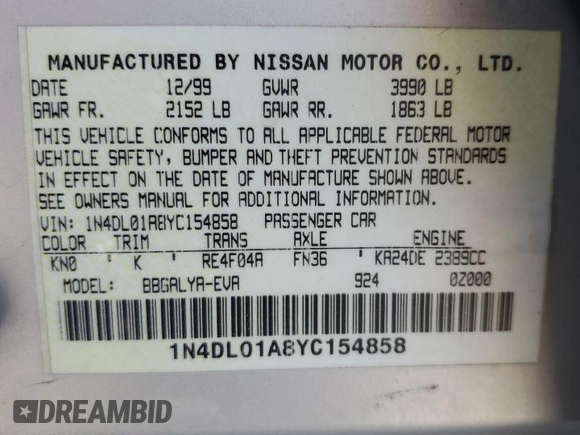 2000 Nissan Altima GXE with VIN 1N4DL01A8YC154858, listed as a Copart auction lot 50524305 with 180,722 mi miles and Salvage Title. Bid and sale history available at carsss.com. Image 12.