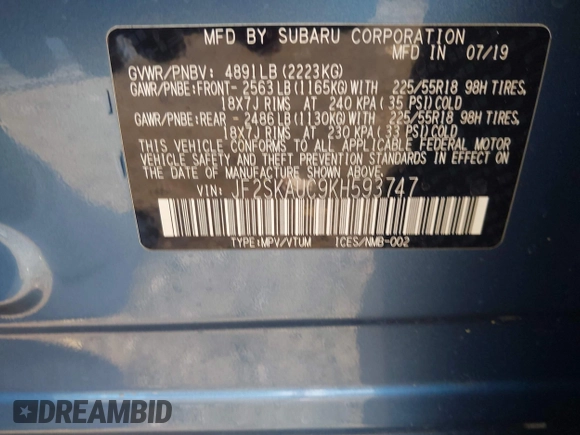 2019 Subaru Forester Limited with VIN JF2SKAUC9KH593747, listed as a IAAI auction lot 42509218 with 76,979 mi miles and . Bid and sale history available at DreamBid. Image 9.