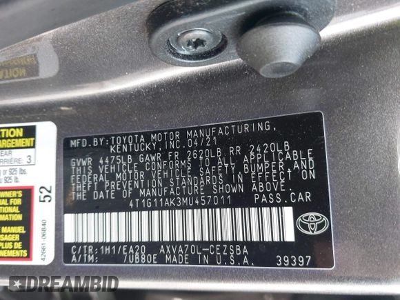 2021 Toyota Camry SE Nightshade with VIN 4T1G11AK3MU457011, listed as a IAAI auction lot 41952841 with 33,032 mi miles. Bid and sale history available at carsss.com. Image 9.