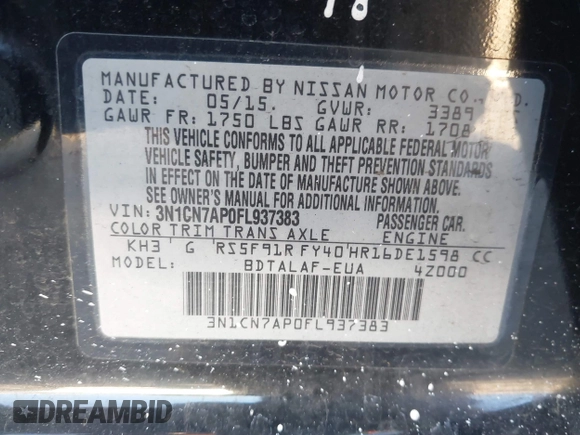 2015 Nissan Versa S Plus with VIN 3N1CN7AP0FL937383, listed as a IAAI auction lot 41287302 with 130,378 mi miles and . Bid and sale history available at DreamBid. Image 9.