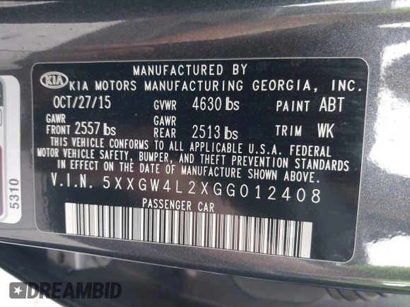 2016 Kia Optima SX Turbo with VIN 5XXGW4L2XGG012408, listed as a IAAI auction lot 42465787 with 67,564 mi miles and . Bid and sale history available at DreamBid. Image 9.