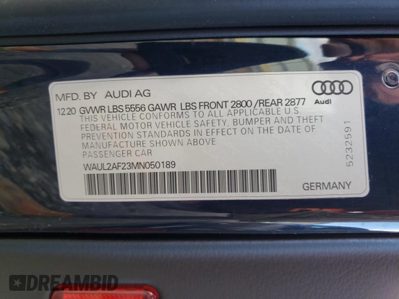 2021 Audi A6 Premium Plus with VIN WAUL2AF23MN050189, listed as a Copart auction lot 38332573 with 23,583 mi miles. Bid and sale history available at carsss.com. Image 12.