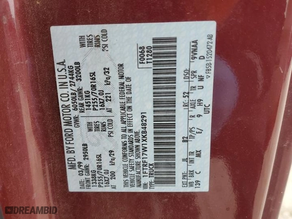 1999 Ford F-150 Work Series with VIN 1FTRF17W1XKB48291, listed as a Copart auction lot 45526035 with 154,699 mi miles and Salvage Title. Bid and sale history available at carsss.com. Image 13.