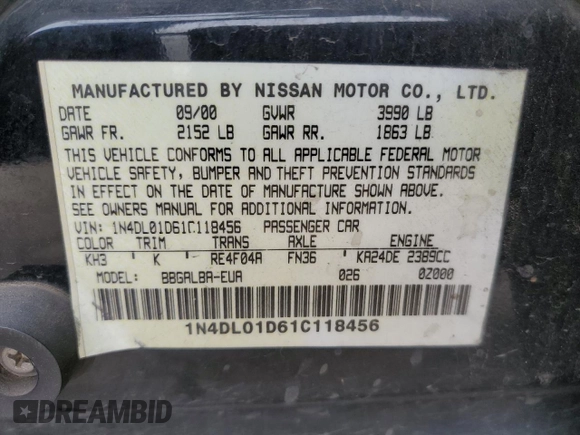 2001 Nissan Altima GXE with VIN 1N4DL01D61C118456, listed as a Copart auction lot 82691894 with 190,047 mi miles and Salvage Title. Bid and sale history available at carsss.com. Image 14.