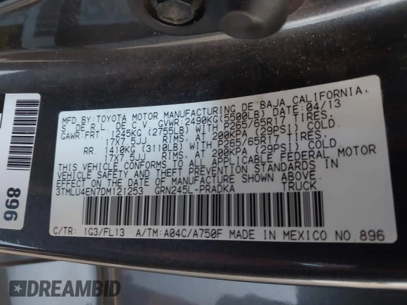 2013 Toyota Tacoma with VIN 3TMLU4EN7DM121253, listed as a IAAI auction lot 42498187 with 145,604 mi miles and . Bid and sale history available at DreamBid. Image 9.