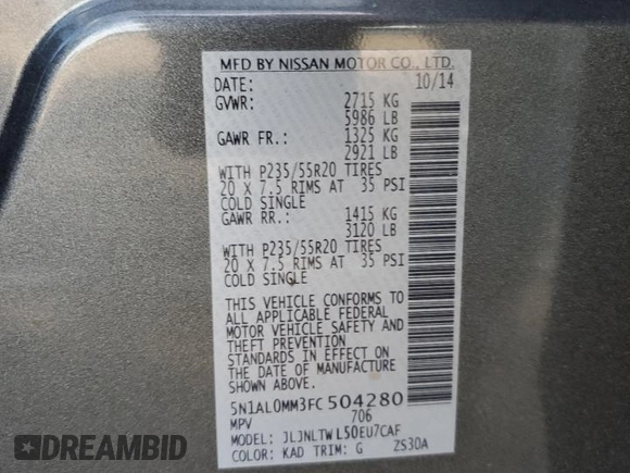 2015 Infiniti QX60 with VIN 5N1AL0MM3FC504280, listed as a Copart auction lot 56704915 with 44,094 mi miles and Salvage title. Bid and sale history available at DreamBid. Image 13.