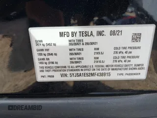 2021 Tesla Model S Long Range с VIN 5YJSA1E52MF438915, выставлен на аукционе IAAI как лот 40216222 с пробегом 15 миль миль и . История ставок и продаж доступна на DreamBid. Изображение 9.